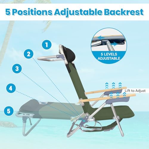 2 Pack Low Backpack Beach Chair with Folding Bamboo Table for Adults, 5-Posit...
