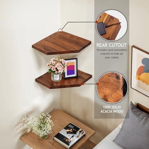 Demigo Corner Shelf Wall Mount, 2-Pack Acacia Wood Floating Corner Shelves