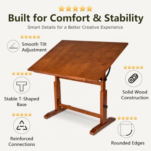DJAR 42x30 Adjustable Wooden Drafting Table & Art Drawing Desk, Walnut | ...