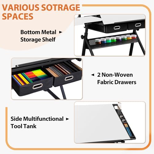 SUPER DEAL Adjustable Drafting Table Set with Charging Station, Tilting Drawi...