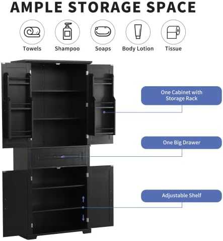 Bathroom Storage Cabinet with Doors and Drawer, Multiple Storage Space, Adjus...