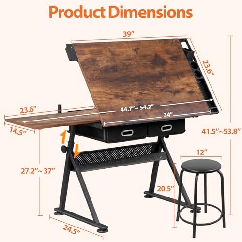 SUPER DEAL Drafting Table Set with Charging Station, Height Adjustable Tiltin...
