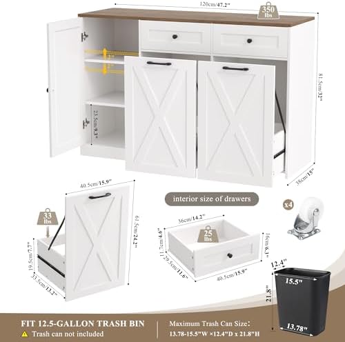 HOSTACK 12.5 Gallon Trash Can Cabinet, 47"W Dual Garbage Can Cabinet, White