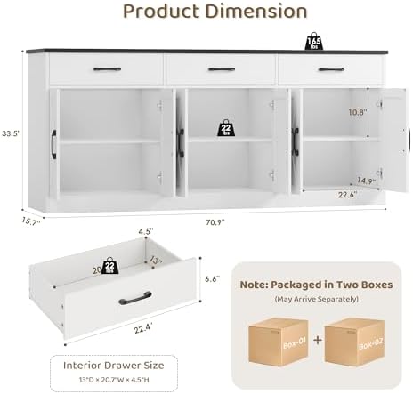 HOSTACK 71" W Kitchen Sideboard Buffet Cabinet with Storage, White/Black