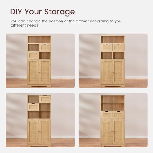 Iwell Tall Storage Cabinet, Rattan Cabinet with 2 Drawers & Adjustable Sh...