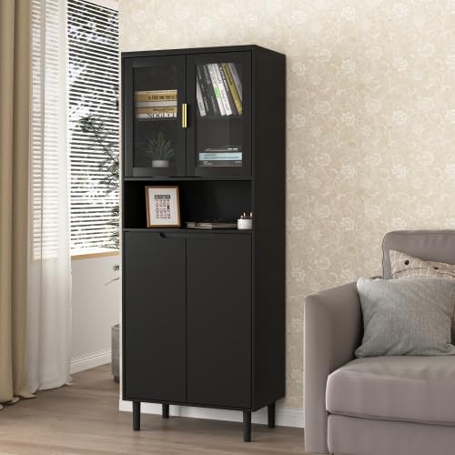 Kitchen Pantry Storage Cabinet, Glass Door Kitchen Hutch Cabinet with Storage...