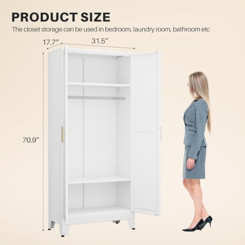 Metal Armoire Wardrobe Closet, 71" Clothing Storage Cabinet with Mirror