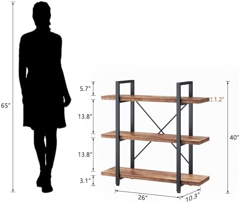 HSH 3 Tier Industrial Solid Wood Bookshelf, Distressed Brown