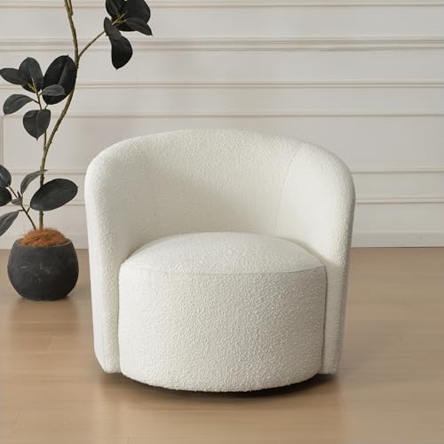 KINWELL 34" W Mid Century Modern Boucle Swivel Barrel Chair, Cream