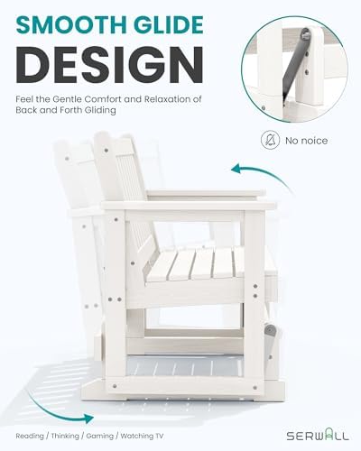 SERWALL 2 Person Patio Glider Bench, HDPE All Weather Swinging Bench, White