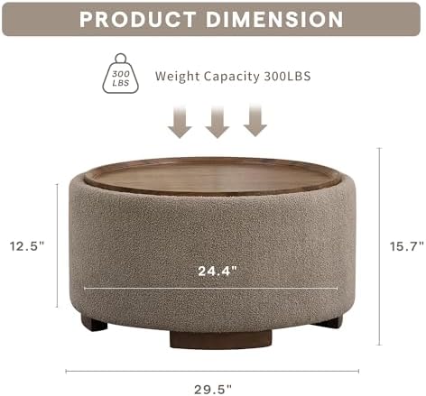 29.5 Inch Round Storage Ottoman Coffee Table, Brown Teddy | Modern Circle Cof...
