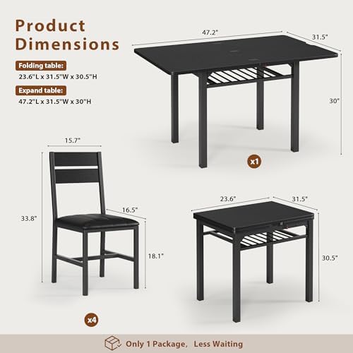 MapleGrace Extendable Dining Table Set for 4 with Built-in Shelf Rack Black