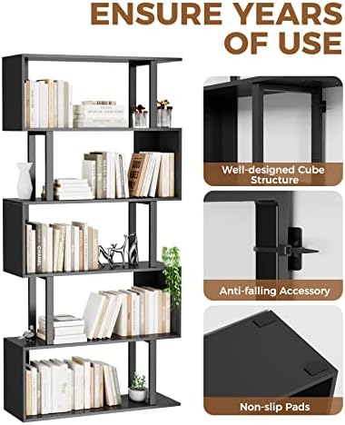 Gadroad 5-Tier Tall Bookshelf, S-Shaped Book Shelf Unit, Black