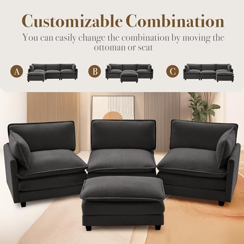 ROWHY 112'' Modular Sectional Cloud Couch with Movable Ottoman, 4 Sea...