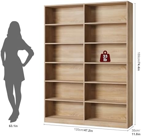 FACBOTALL Bookshelf Tall Bookcase, 6-Tier Double Wide Bookshelves,Light Oak