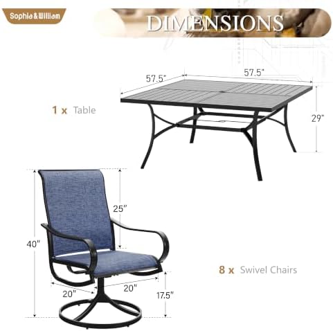 Sophia & William Outdoor Dining Set for 8 w/Square Metal Table, Blue