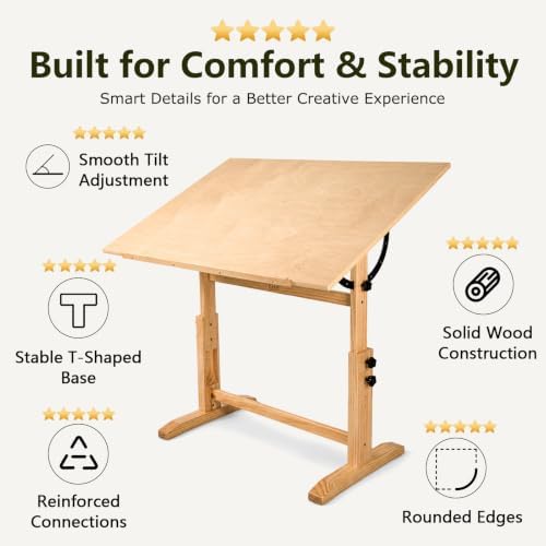 DJAR 42x30 Adjustable Wooden Drafting Table & Art Drawing Desk, Natural