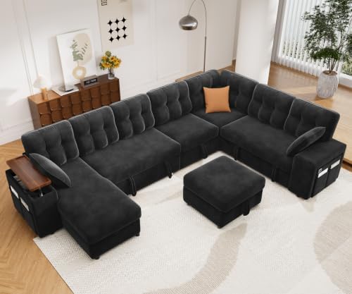 Vipbear 130" Modular Sectional Sleeper Sofa with Pull Out Bed, 9 Seat L ...