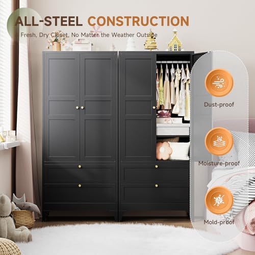 Letaya Metal Armoire Wardrobe Closet with Drawers,Clothing Storage Cabinet wi...