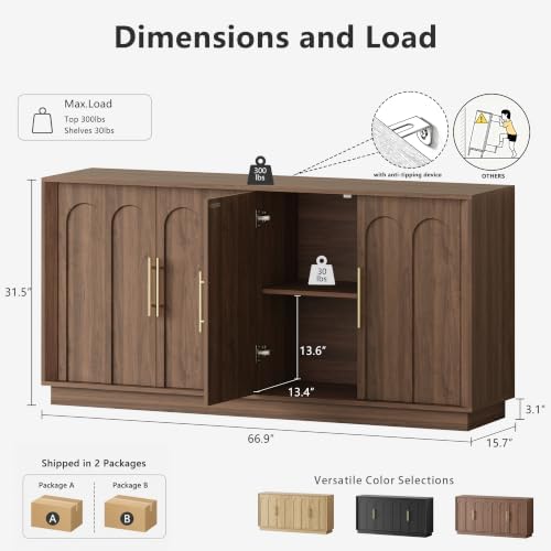 FORTUNETEC 67" Sideboard Buffet Cabinet with Storage, Arched Doors, Walnut