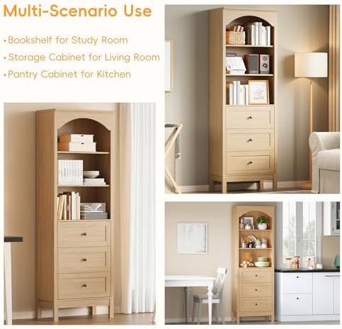 Arched Bookshelf,3 Tier Tall Bookcase with Adjustable Shelves and Drawers