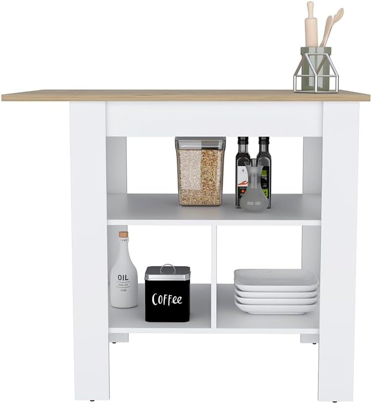Kitchen Island, Kitchen Table 35" H, 3 Open Shelves, White/Macadamia | T...