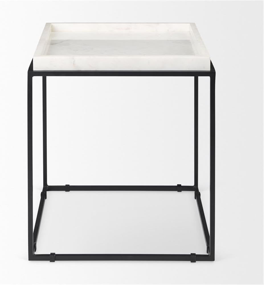 Pemberly Row Square White Marble and Black Metal End Table, 18 in x 18 in x 2...