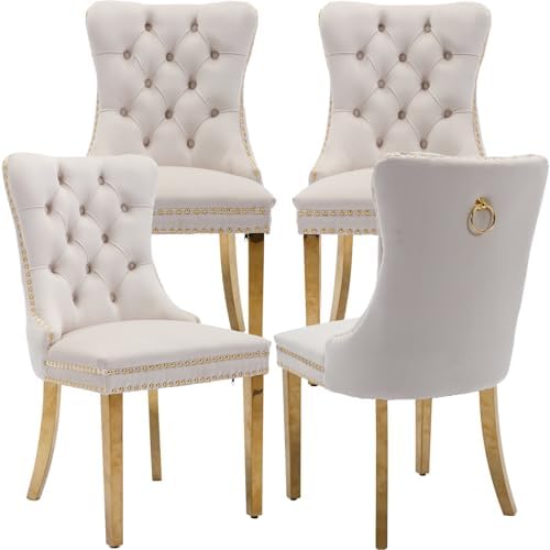 Mid Century Modern Dining Chairs Set of 4, Beige Velvet Upholstered Tufted Ba...