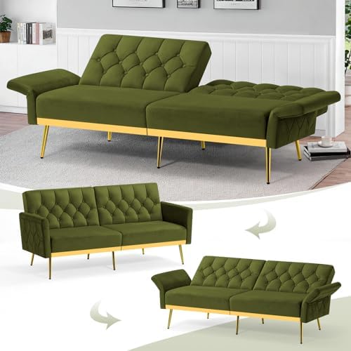 Velvet Sofa Set w/Adjustable Armrests & Backrests, Olive Green | Tufted A...