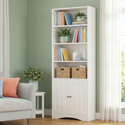 Gizoon 6-Shelf Bookcase, White Bookcases with Doors