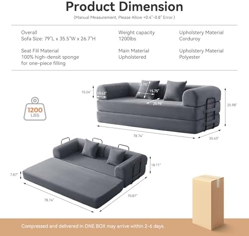 79" Convertible Sofa Bed, Couch for Living Room (Dark Gray) | Corduroy L...