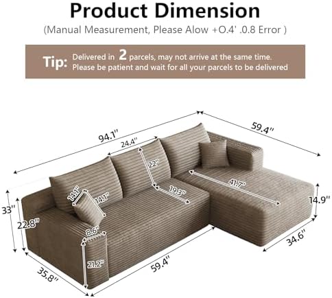 95" Cloud Sectional Couch with L-Shape Chaise, Modular Comfy Sofa Chaise...