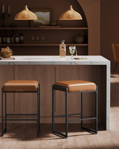 VASAGLE Bar Stools Set of 4, Counter Height, PU Leather, 26-Inch | Mid-Centur...