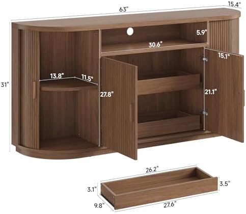 63" Sideboard Buffet Cabinet with Storage, Modern Fluted Credenza, Walnut
