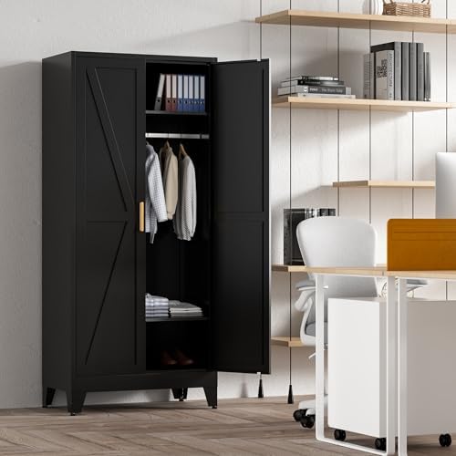 Washsemba 71'' Farmhouse Metal Wardrobe Cabinet with Hanging Rod, 2 B...