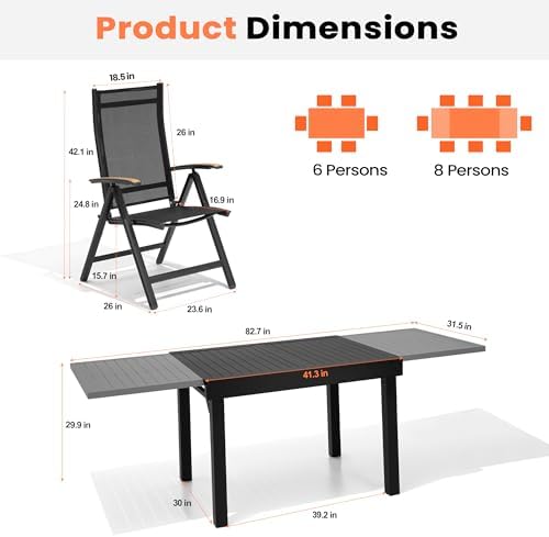 Pellebant 9 Piece Outdoor Dining Set for 8, Aluminum Table & Foldable Chair