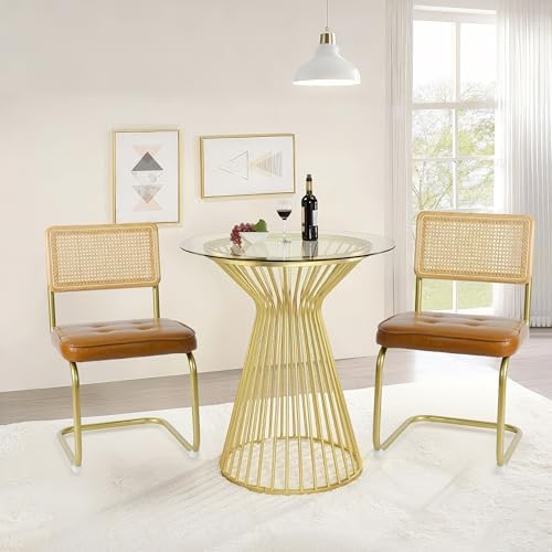 CangLong Natural Rattan Dining Chairs Set of 2, Upholstered Faux Leather Kitc...