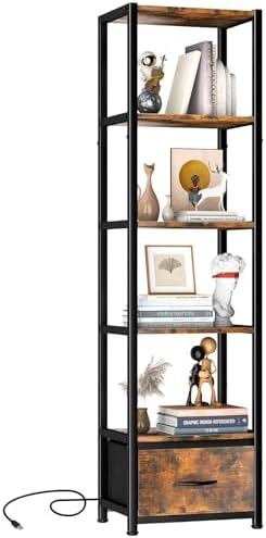 Housolution 6 Tier 60.6" Tall Bookshelf with Storage and LED Light, Brown