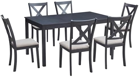 AMERLIFE 7-Piece Farmhouse Solid Wood Dining Table Set for 6, Grey & White