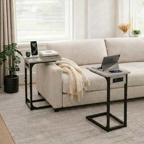 TEMI C Shaped End Table for Couch with Charging Station, Small Side Table TV ...