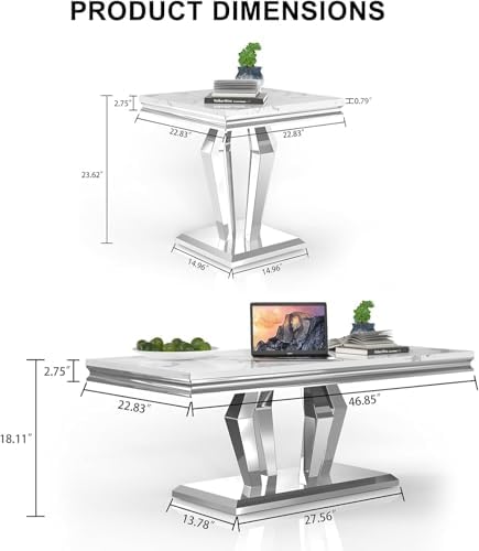 White Marble Coffee Table Set of 3, Luxury Marble Coffee Table and 2 Silver W...