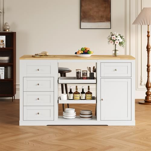 Kitchen Island with Charging Station Wood Kitchen Cart with Drawers Cabinet |...