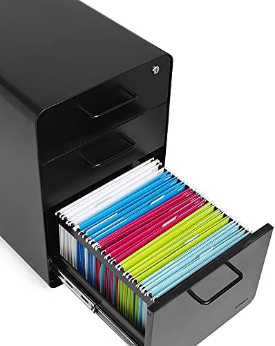 Poppin Stow 3-Drawer Rolling File Cabinet - Black. 2 Utility Drawers and 1 Ha...