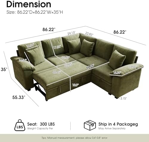 Sectional Sleeper Sofa with Pull Out Bed, 86" L Shaped 5 Seat Couch with...