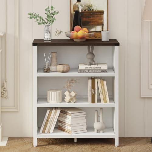 BON AUGURE Farmhouse 3 Tier Bookshelf, Wood Bookcase, White Oak & Walnut