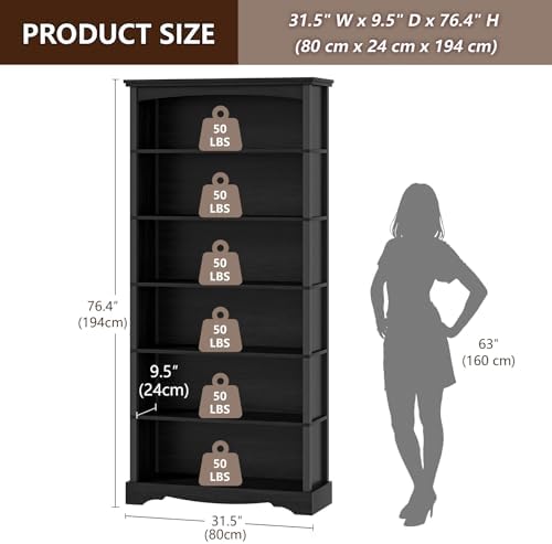 TVU 6-Tier Wooden Bookshelf, 76 Inch Tall Bookshelf with Storage, Floor Stand...