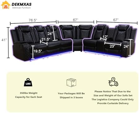 Power Recliner Sectional Sofa Set,Living Room Furniture Sets,Black Leather Se...