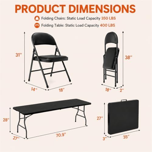 6FT Black Plastic Folding Table Set with 6 Black PU Padded Chairs