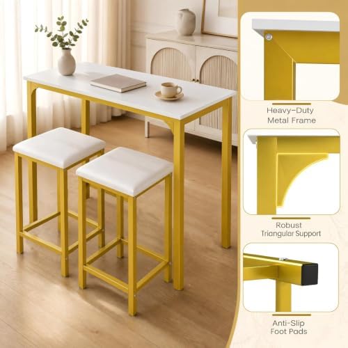 COSTWAY Dining Table Set, Counter Height Table & 2 Upholstered Stools