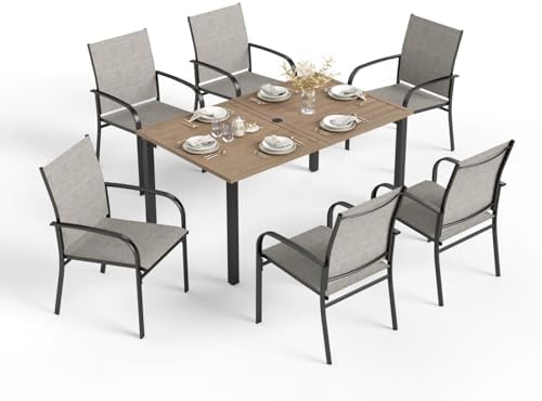 HERA'S HOUSE 7pc Patio Dining Set, Outdoor Wood-Like Metal Table & 6 ...